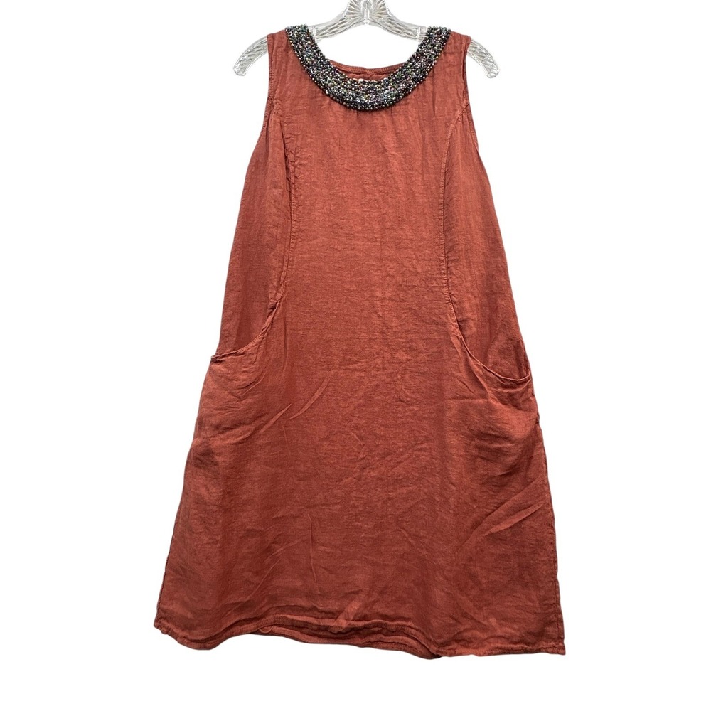 Lina Tomei Rust Linen Shift Dress Beaded Neck Lagenlook Boho Sleeveless Pockets